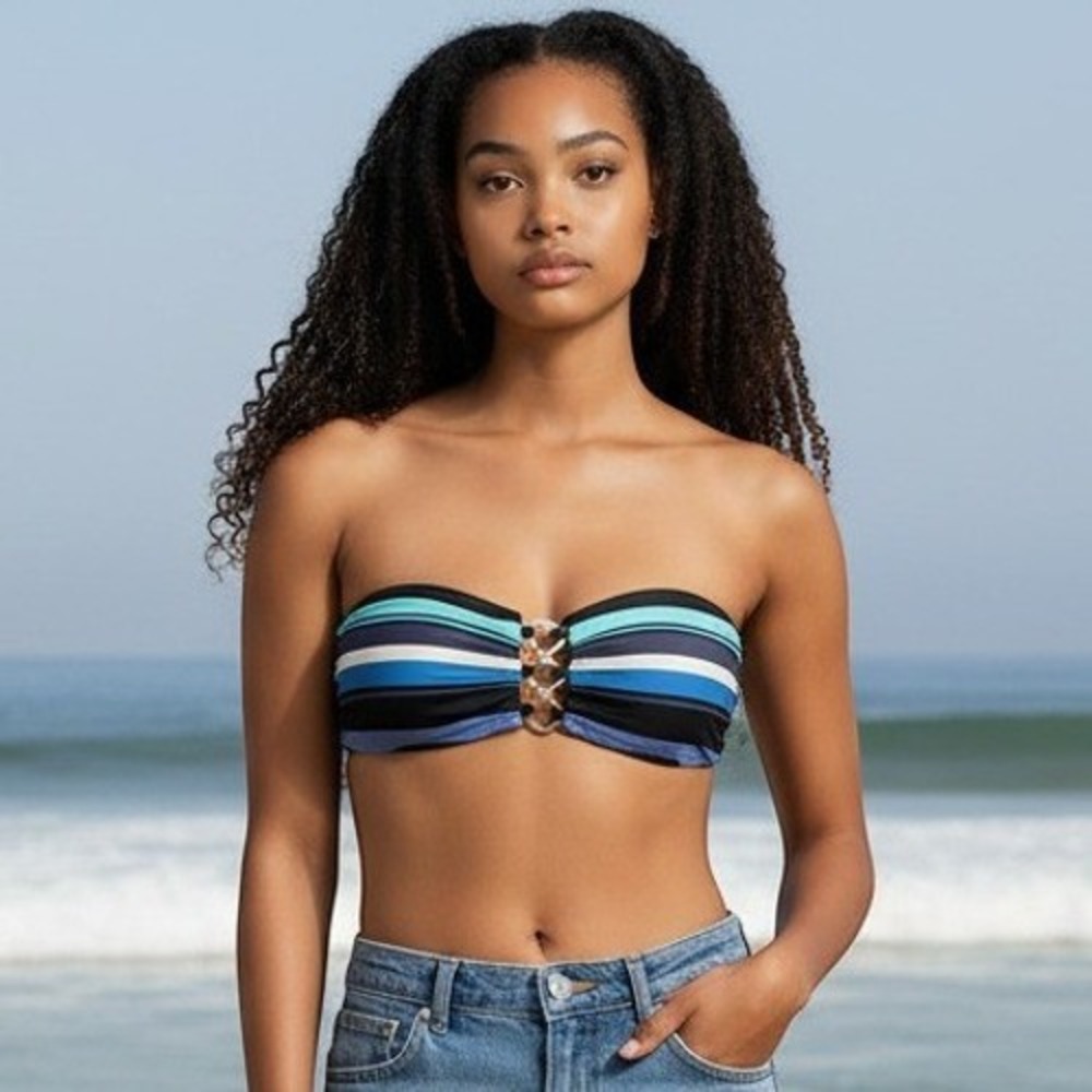 Michael Kors Striped Bandeau Bikini Top Removable Halter Strap Blue Teal NWT M